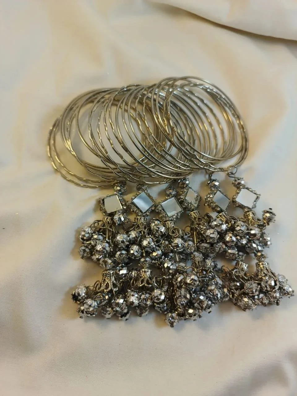24 piece silver hanging kara bangles with mirror work at FB Collections