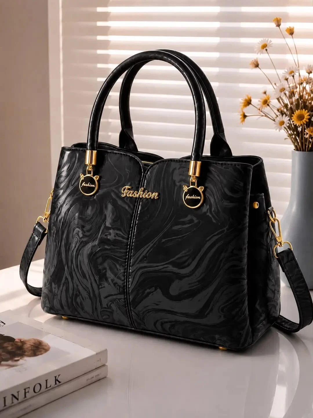 Rexine top handle bag with pouch in black at FB Collections